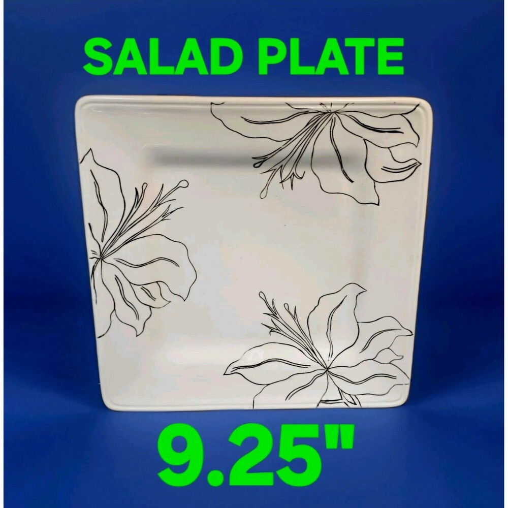 SALAD PLATE White & Black 💎 Laurie Gates ANTILLES  FLORAL PATTERN 9.25 DISH